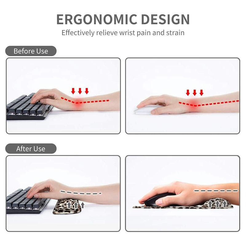 Keyboard Wrist Rest Pad & Mouse pad with Wrist Rest Support Set,Ergonomic Gaming Mouse Pad Coaster Keyboard Wrist Support with Memory Foam for Easy Typing Pain Relief - Leopard Print
