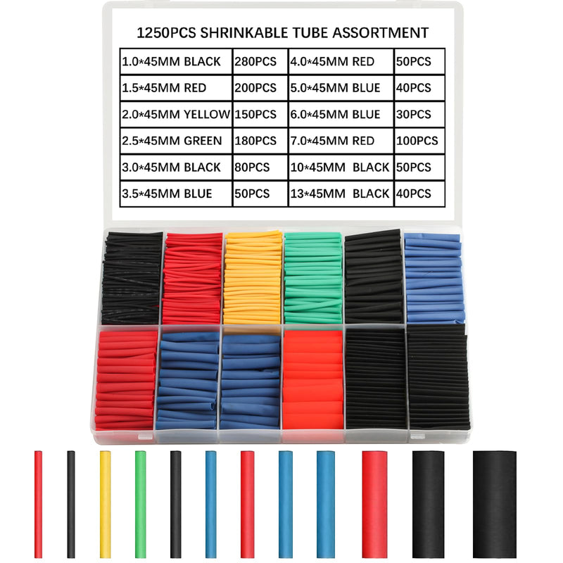 1250 Piece Heat Shrink Tube Set, Heat Shrink Tubing, 2:1 Ratio Insulation Hose, Heat Shrink Tube Assortment, Electrical Wire Cable, Heat Shrink Tube Kit, for Insulating & Repairing Cables