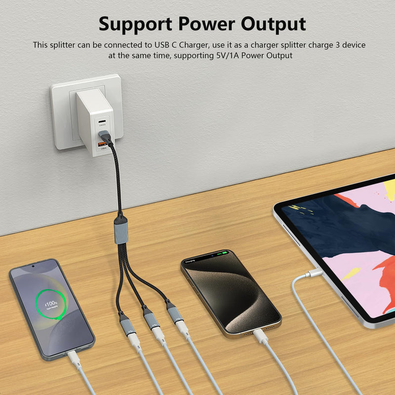 USB C Splitter, USB C to 3 USB C Female Cable USB C Headphone Converter USB C to USB C OTG Splitter with Data Transfer Compatible with iPad Pro, iPad Air 6/5, MacBook, iPhone 15/15Pro, Galaxy S24/S23 Grey