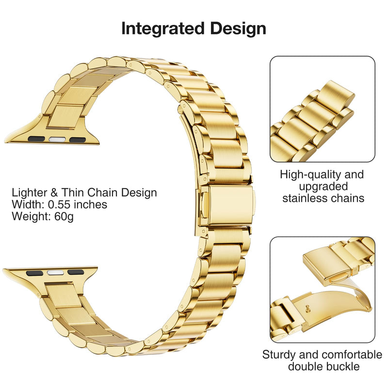 Slim Apple Watch Leather Band and Stainless Steel Metal Band for iWatch 38mm, 40mm, and 41mm，Black Gold+Metal Gold