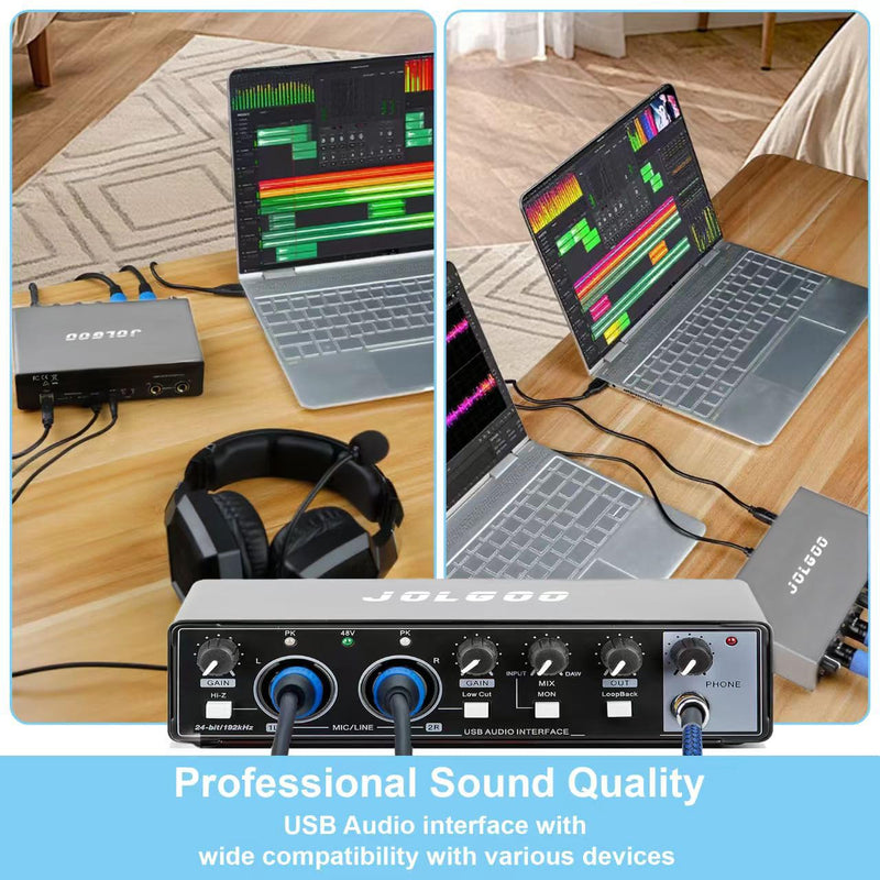 USB Audio Interface, 24-Bit/192kHz Plug & Play Sound Card for Recording – XLR/Line In, Headphone Out, Low Latency, Compatible with PC, Mac, Smartphone