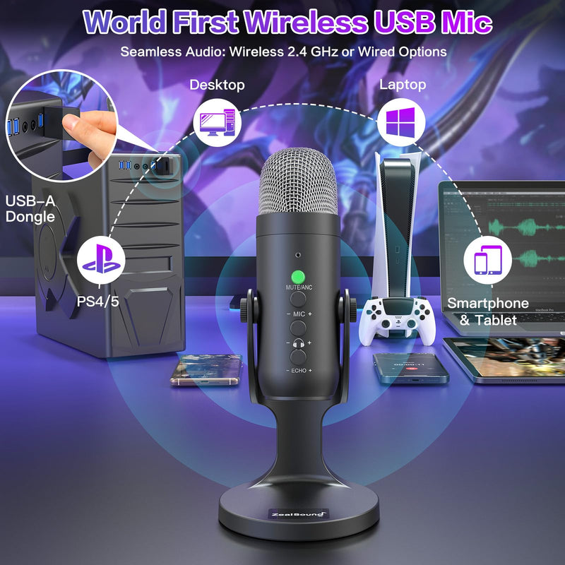 [AUSTRALIA] - ZealSound Wireless Microphone,USB Mic for iPhone PC iPad Android Phone-Cordless Condenser Desktop Microphones with Mute Echo Monitor Volume Gain 2.4GHz for Podcast,ASMR,Gaming,YouTube Video/K66 Black 