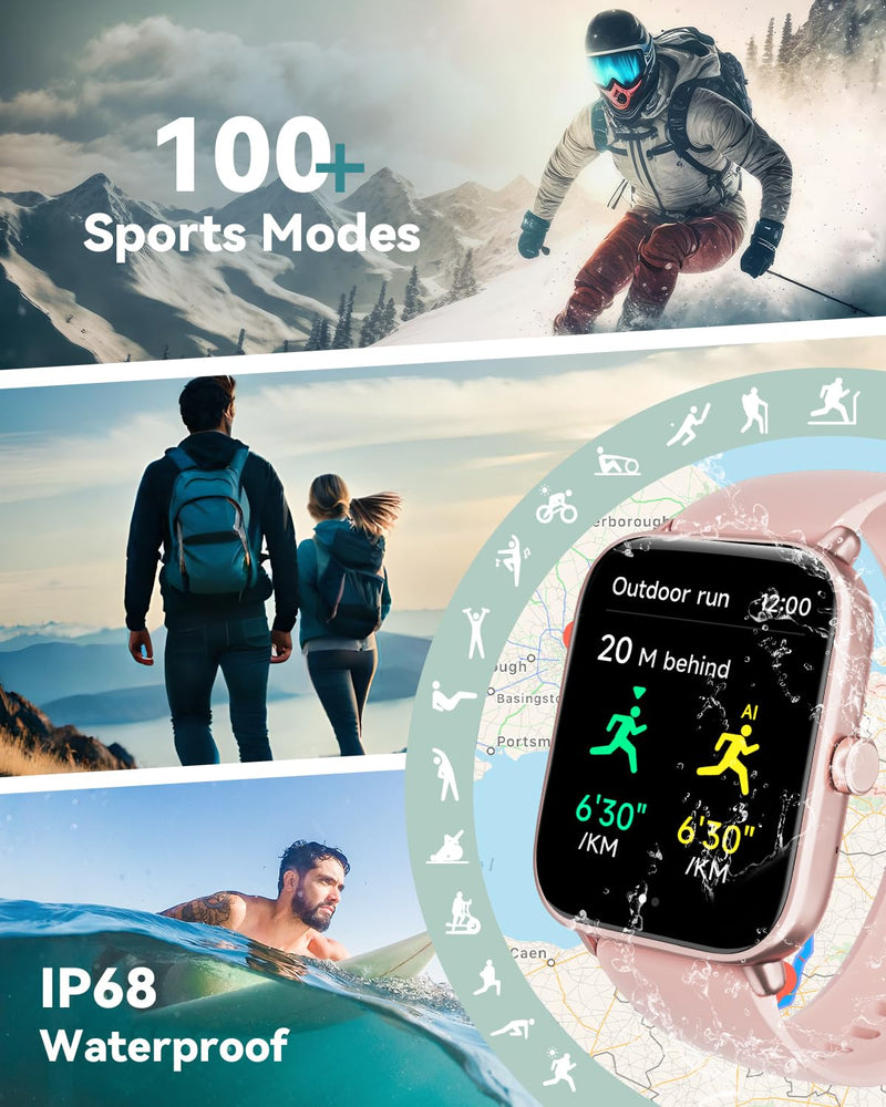 Smart Watches for Women Men, Built-in Alexa 1.85" Fitness Tracker, Bluetooth Calls, Heart Rate Sleep Monitor, 100+ Sports Modes, IP68 Waterproof Smartwatch Compatible with iPhone Android