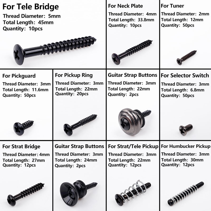 [AUSTRALIA] - Banworks Metric Sized 258pcs Electric Guitar Screws Kit for Tele/Strat Bridge, Neck Plate, Pickup Rings, Humbucker Pickups, ST/TL Pickups, Pickguards, Tuners, Pickup Selector Switch, Strap End Pins Black 