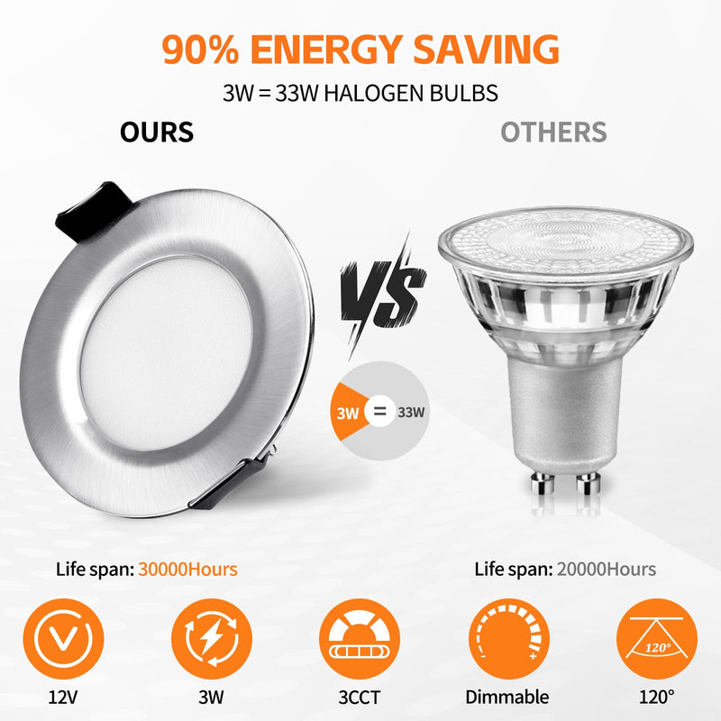 [AUSTRALIA] - YindaLux LED Recessed Spotlight 12 V Touch Control Warm White Neutral White Cool White LED Spot Dimmable 3 W IP44 Recessed Spotlights 60 mm Hole Size Recessed Lights for Caravan Kitchen Aluminium Chrome 