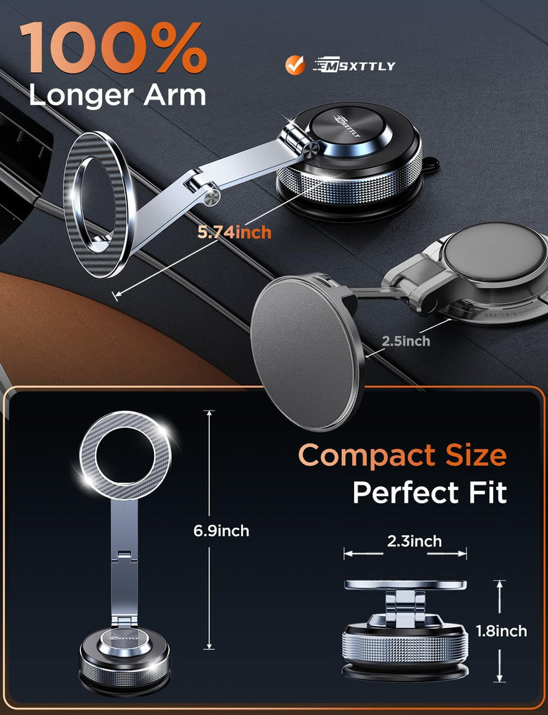 MSXTTLY Magnetic Car Phone Holder 360° Tesla Phone Mount for Magsafe | Foldable Hidden Longer Arms & Metal Build, Vacuum Suction,Washable Nano Gel Base,Strongest Magnet, Fits Tesla & Most Vehicles Space Gray