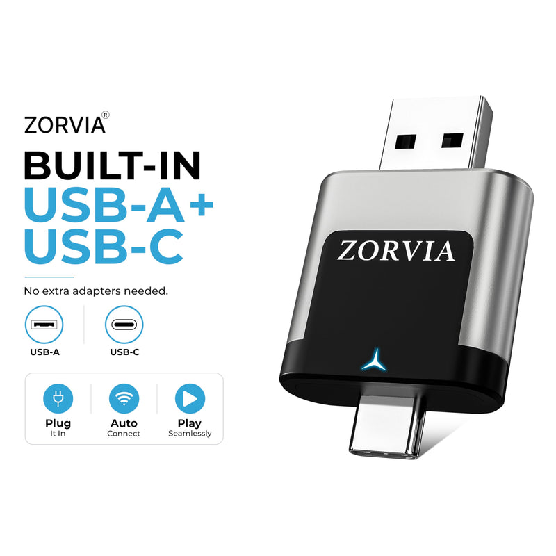 ZORVIA Wireless CarPlay Adapter for iPhone & Android Auto 2026 Upgraded - Convert Wired CarPlay to Wireless, Fast Auto Reconnect, Plug and Play, USB-C & USB-A (Silver) Silver