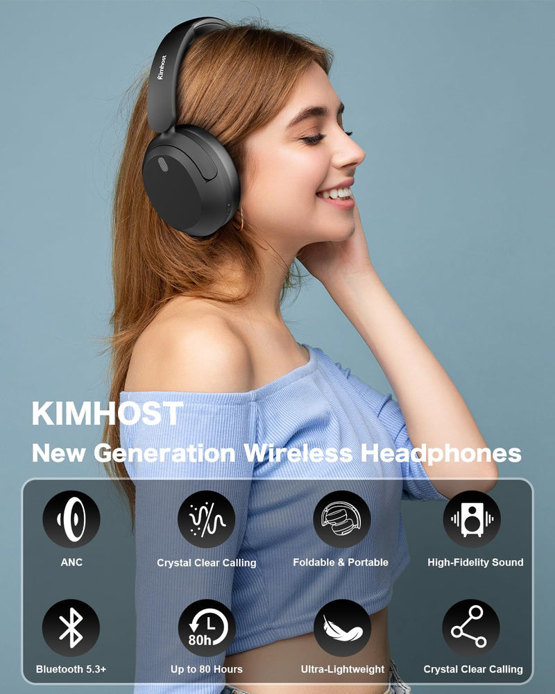 KIMHOST T30 Active Noise Cancelling Headphones, 120Hrs Playtime Bluetooth 5.3 Headphones, Multipoint, Deep Bass, Foldable, HiFi Stereo Wireless Over Ear Headphone for Travel, Office, Music, Game, Gym