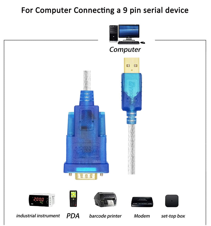 DTech USB to Serial Adapter Cable with FTDI FT232RL Chipset DB9 RS232 Male Port Supports Windows 11 10 8 7 and Mac Linux (6 Feet) (Pack of 2)
