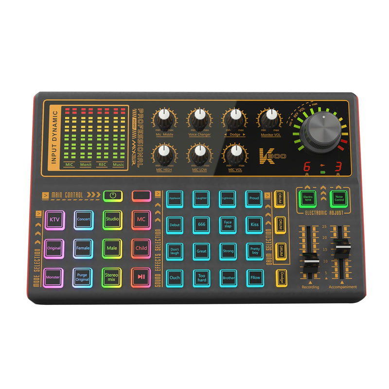 Docooler Professional Audio Mixer, K300 Live Sound Card and Audio with Multiple DJ Mixer Effects, 4 Voice Changes Live Sound Card with Cool 7 LED Light, Prefect for Podcasting/Gaming/Recording/PC