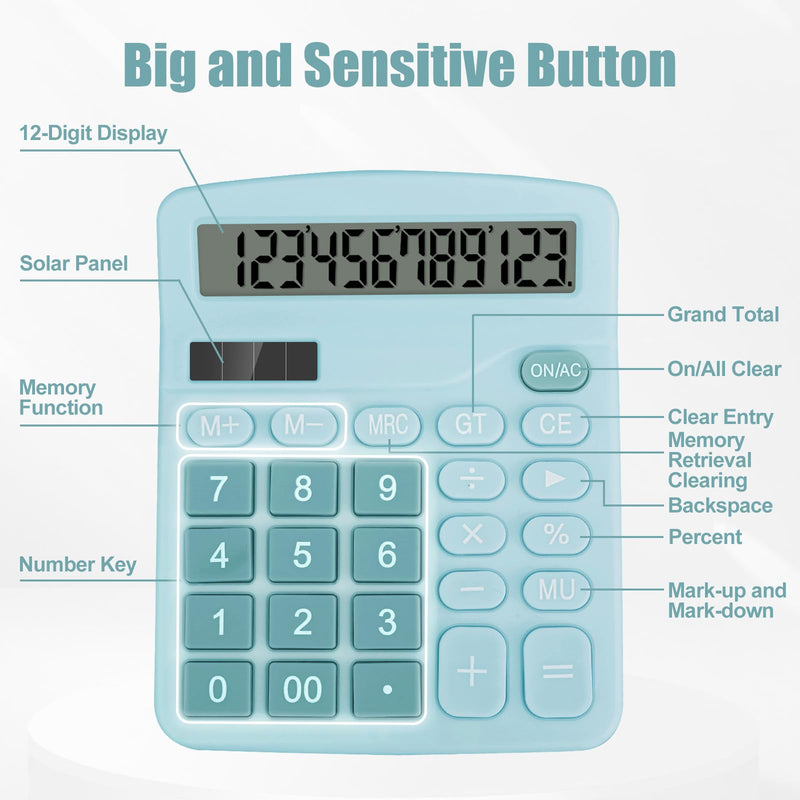 [AUSTRALIA] - Desktop Calculator, Light Blue Calculator Big Buttons, 12-Digits Large LCD Display, Solar and AA Battery Dual Power, Desk Calculator for Office Home School Business Class (Light Blue) Light Blue1 