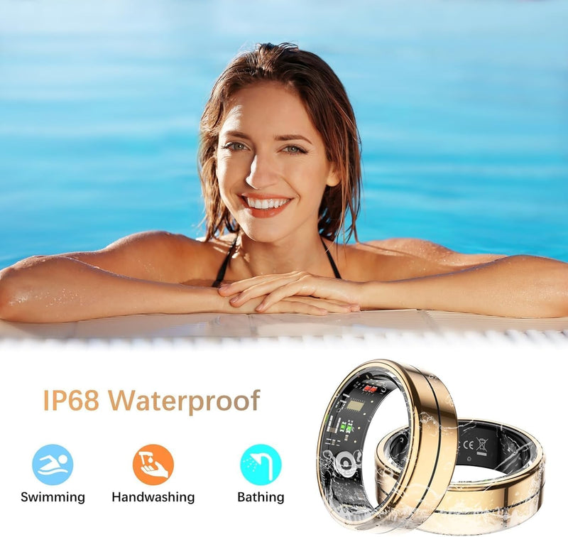 Fit Ring for Women Men, Health Tracker with Heart Rate, Blood Oxygen, Heart Rate Variability, Stress, Sleep Monitor, Step Counter, Smart Ring for iPhone & Android, No Subscription Fee (Gold, 8#)