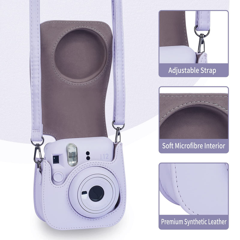Phetium Instant mini 12 Camera Protective Case Compatible with Instax Mini 12 11,PU Leather Bag with Pocket and Adjustable Shoulder Strap(Lilac Purple) Lilac Purple