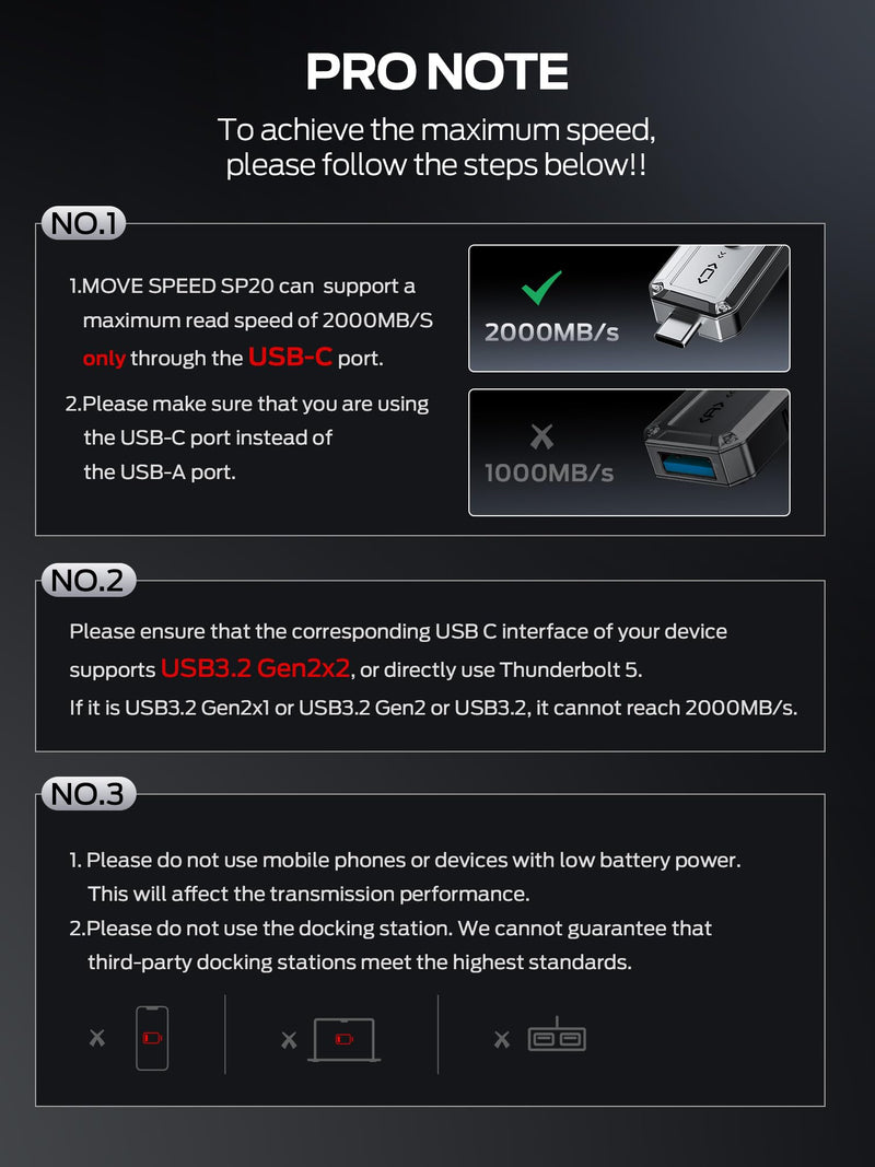 MOVE SPEED 256GB USB Drive, 2000MB/s TLC Reliable Transfer Portable SSD with USB 3.2 Gen2x2 + Type C, Cool USB Drive for Phone/Windows/Mac
