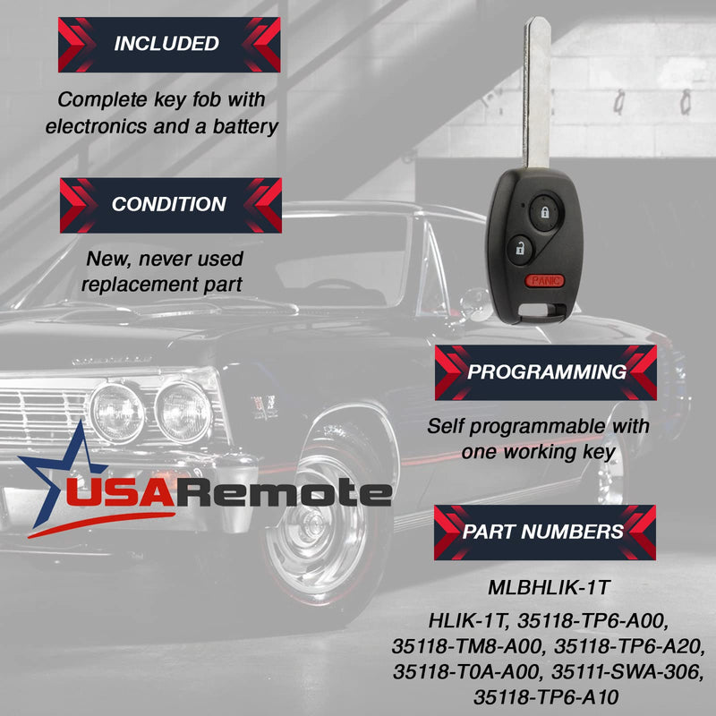 Key Fob Keyless Entry Remote fits Honda Accord / CR-V / CR-Z / Fit / Insight 2007 2008 2009 2010 2011 2012 2013 2014 2015 (MLBHLIK-1T) 3-Btn