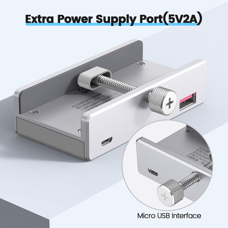 ORICO 4 Port USB 3.0 Hub Clamps on Monitor or Table, USB A/A and A/C Cable Included(4.92FT), Extra Power Supply Port, Space-Saving Mountable Aluminum USB Hub for iMac, All-in-One Desktop Computer 4 port + 2 Data Cable