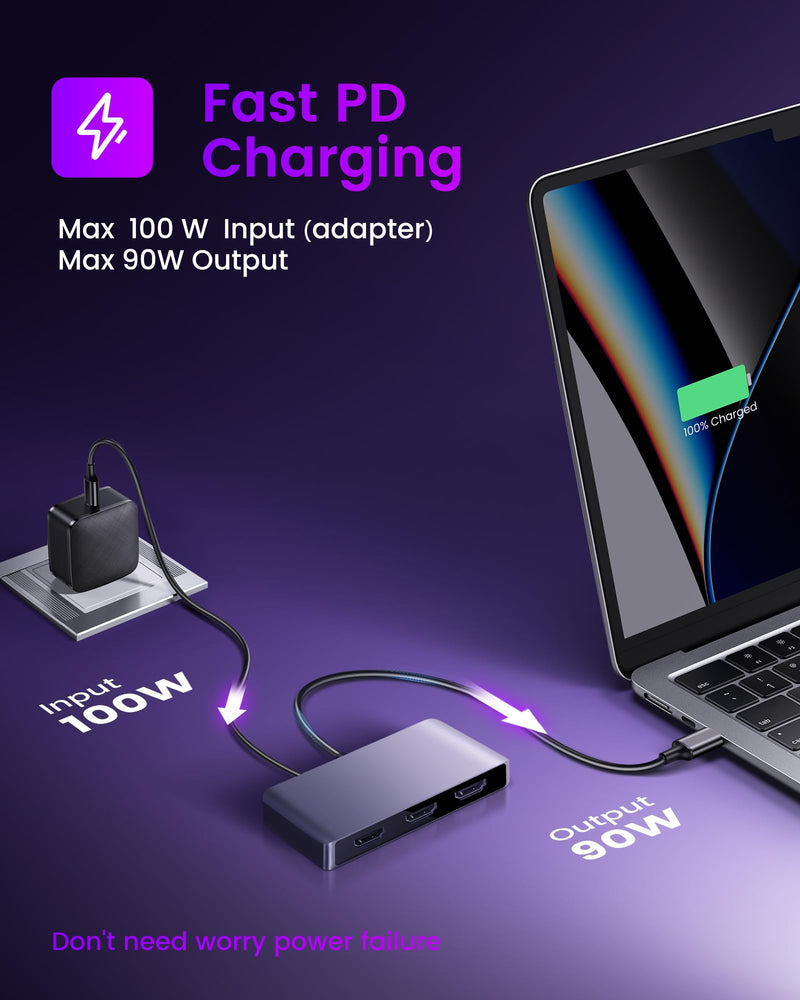 avedio links USB C to 3 HDMI Adapter, HDMI Splitter Extended Display for Triple Monitor with 100W PD Port, Out 1 4K@60Hz, Out 2 and 3 1080p, Display 4 Separate Screens for Windows/Mac OS USB C to 3x HDMI