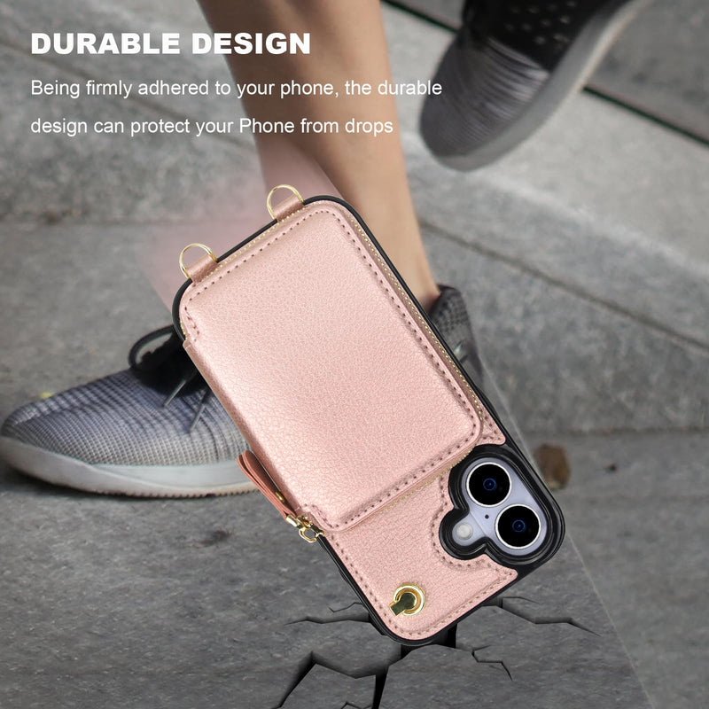 Bocasal for MagSafe Crossbody Wallet Case for iPhone 17, Rose Gold | for Wireless Charging RFID Blocking Protective Purse Case with Card Slot Holder Kickstand Wrist Strap Lanyard Zipper 6.3 Inch Rose Gold for MagSafe