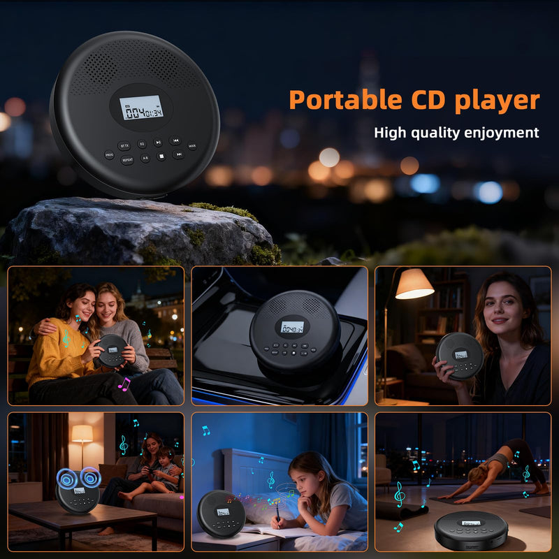 [AUSTRALIA] - Arafuna Portable CD Player with Bluetooth, Rechargeable CD Player for Car/Home with Headphones, Anti-Skip, LCD Display, AUX/TF Card Port (Black) Black 