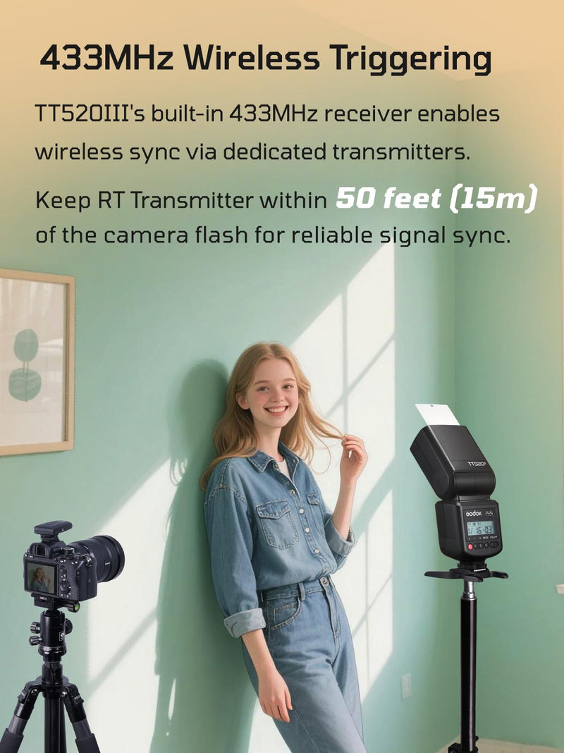 Godox TT520III Camera Flash with 433MHz Wireless Triggering - 33 GN, 16 Channels, Adjustable Flash Head, Multiple Modes & Accessories - Compatible with Canon, Nikon, Sony, Fujifilm, Olympus and More Godox TT520III