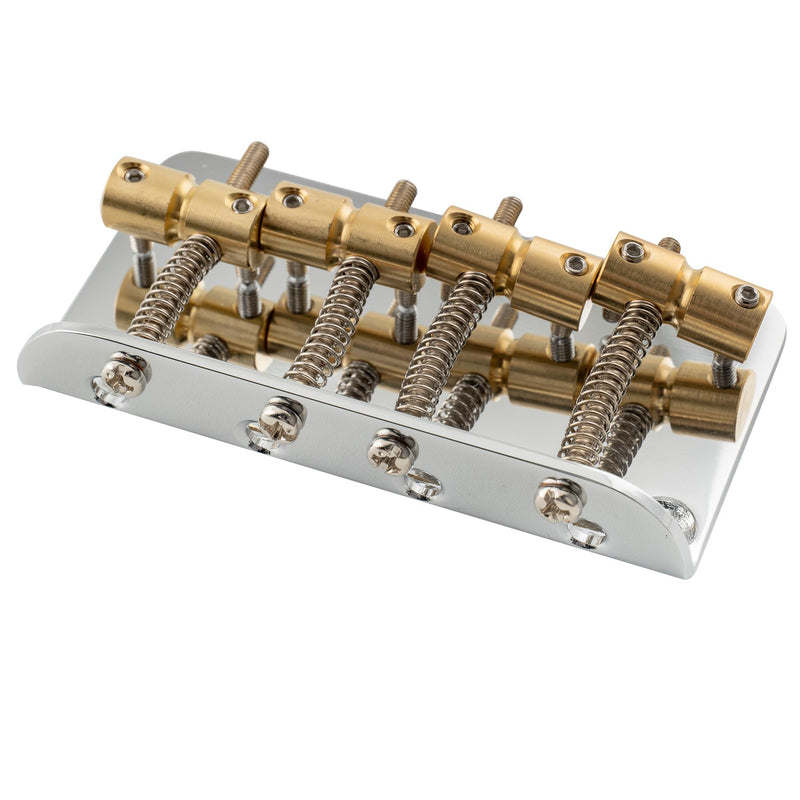 Musiclily Pro 19mm Classic Standard Hardtail Fixed 4-String Bass Bridge Top-loading with Brass Saddles Steel Plate for Jazz Bass Precision Bass PB JB Style Eelectric Bass, Chrome