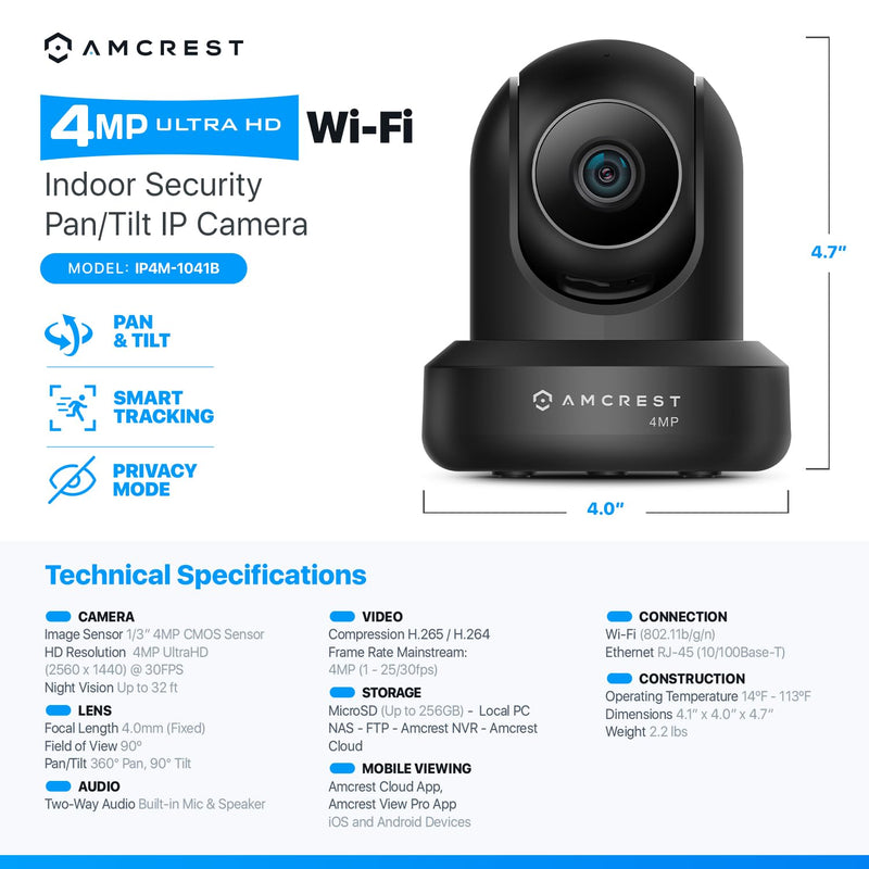 Amcrest 4MP ProHD Indoor WiFi , Security IP Camera with Pan/Tilt, Two-Way Audio, Night Vision, Remote Viewing, 4-Megapixel @30FPS, Wide 90° FOV, IP4M-1041B (Black) Black