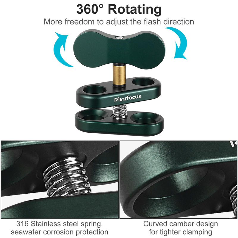 [AUSTRALIA] - Aluminum 1" Ball Clamp Mount, Double Socket Arm, 360° Spring Clip Adapter Bracket Holder for Underwater Diving Photography System, Compatible with B Size 1" Ball Components for RAM 1 Packs Dark Green 