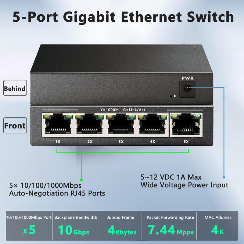 5 Port Gigabit Ethernet Switch|10/100/1000Mbps|Mini Metal Housing Switch|Plug&Play|Fanless Design| Desktop Ethernet Splitter |Unmanaged Network Switch 5 Port | Gigabit