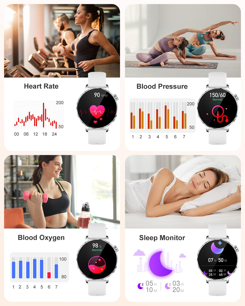 Smart Watch for Women with Bluetooth Calling, 1.27" AMOLED Touchscreen, IP68 Waterproof Fitness Tracker with Heart Rate & Sleep Monitor, 100+ Sports Modes for Android & iPhone (White)