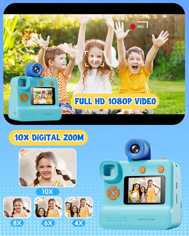 [AUSTRALIA] - Kids Camera Instant Print, Christmas Birthday Gifts for Toddle Girls Boys Age 3-12, 20MP & 1080P Selfie Digital Camera with 3 Roll No-Ink Print Paper 32G SD Card - Blue 