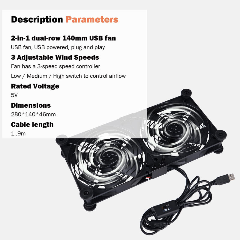 Quiet Dual 140mm Router Fan Cooler with L/M/H 3-Degree Speed Controller, DC 5V USB Powered Cooling Case Fan for Router Modem Receiver DVR PlayStation TV Box