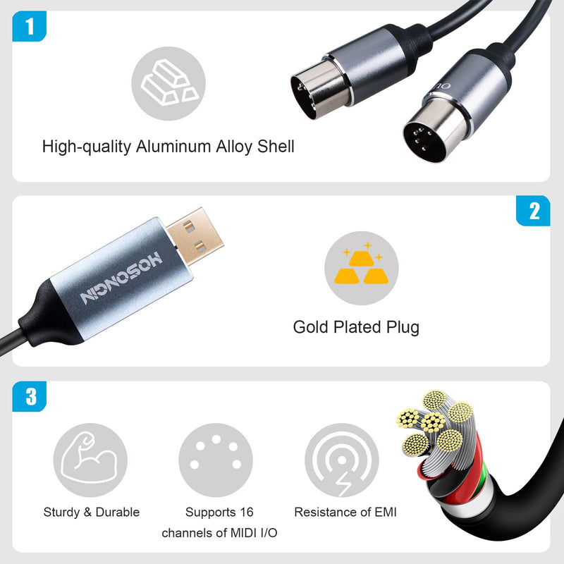 HOSONGIN MIDI to USB Cable 6 Feet, USB to 5-PIN MIDI Interface Adapter Connecting with Keyboard Synthesizer Drum for Editing Recording 5PIN-MIDI to USB