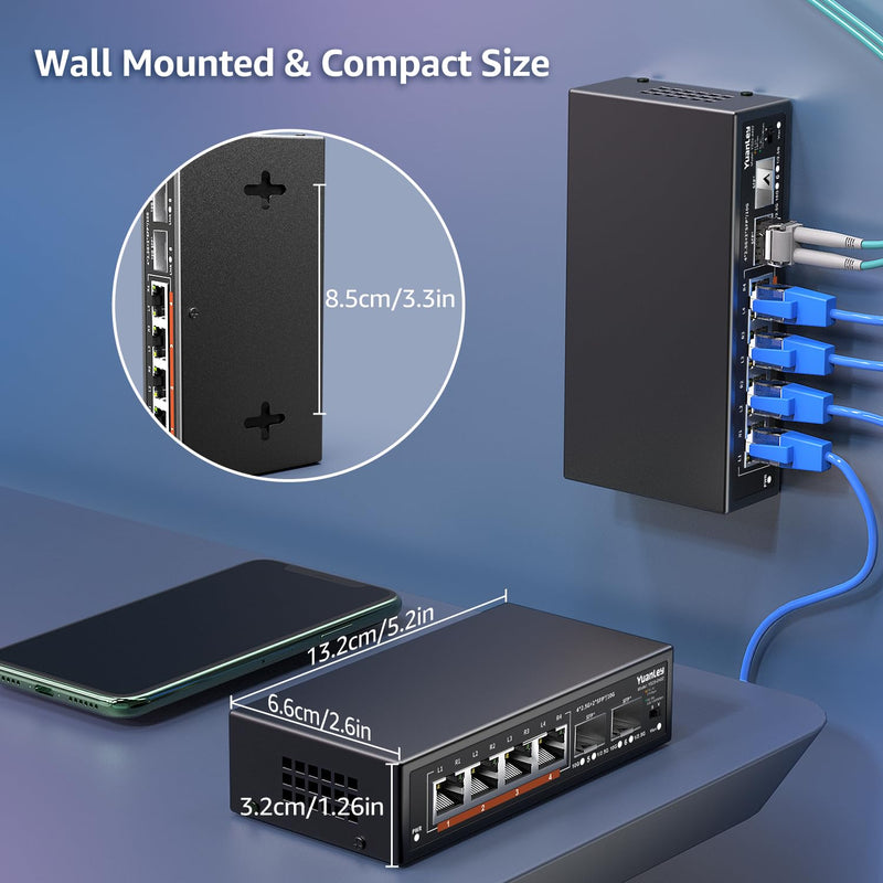 6 Port 2.5G Unmanaged Ethernet Switch, 4 x 2.5G Base-T Ports, 2 x 10G SFP, Compatible with 100/1000/2500Mbps, VLAN, Fanless, Desktop/Wall Mount YuanLey 2.5Gbe Network Switch for Wireless AP, NAS, PC Black 6 Port | 4x2.5G +2x10G SFP