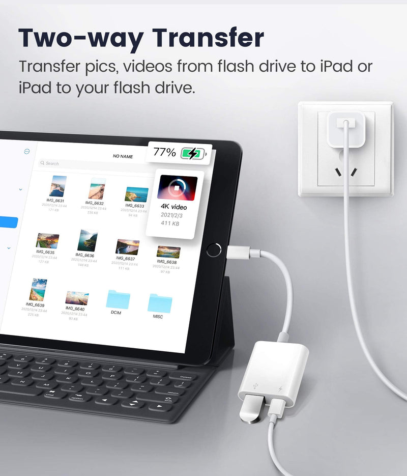 USB Adapter for iPhone/iPad,Fubiaofei LᎥghtnᎥng to USB Female OTG Adpater,USB3 to iPad Adapter with Charging Port,Supports FlashDrives,MIDI,SD Card Reader and Mouse,Plug&Play