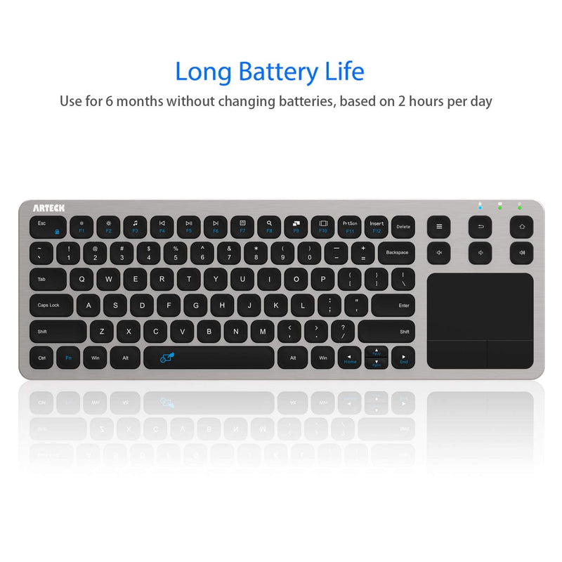 Wireless Keyboard, Arteck 2.4G Wireless Touch TV Keyboard with Easy Media Control and Built-In Touchpad Mouse Solid Stainless Ultra Compact Full Size Keyboard for TV-Connected Computer, Smart TV, HTPC