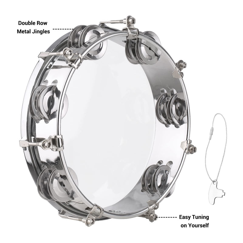 Tambourine, Handbell, Jingle Bell Double Row Metal Cymbals Drum Instrument, Handheld Percussion for Dancing, Singing, Karaoke, Music Class (8-inch) 8-inch