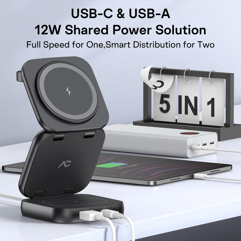 5-in-1 Wireless Charger for MagSafe, AC ISLAND Portable Travel Charging Station, 35W Max Qi2.2 Fast Foldable Magnetic Stand, Evolved for iPhone 17-12 Series, Apple Watch, AirPods (with 35W Adapter) Black