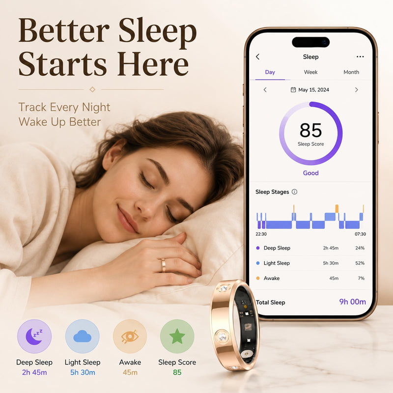 Ladies Smart Ring for Women Health Ring Heart Rate Monitor Sleep Tracker Fitness Tracker Calories Step Counter Pedometer Gesture Control Waterproof Compatible with iOS Android Phones Elegant Ring Elegant Diamond-Studded Ring-Champagne gold