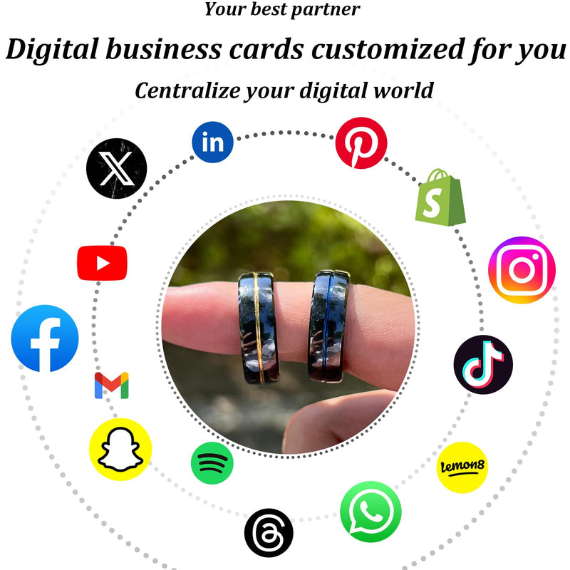 Tungsten Ring Digital Business Card - Waterproof NFC Ring - Social Media Sharing & Instant Contact - Tap to Share NFC - iOS and Android(Gold-#11) #11 Black + Gold