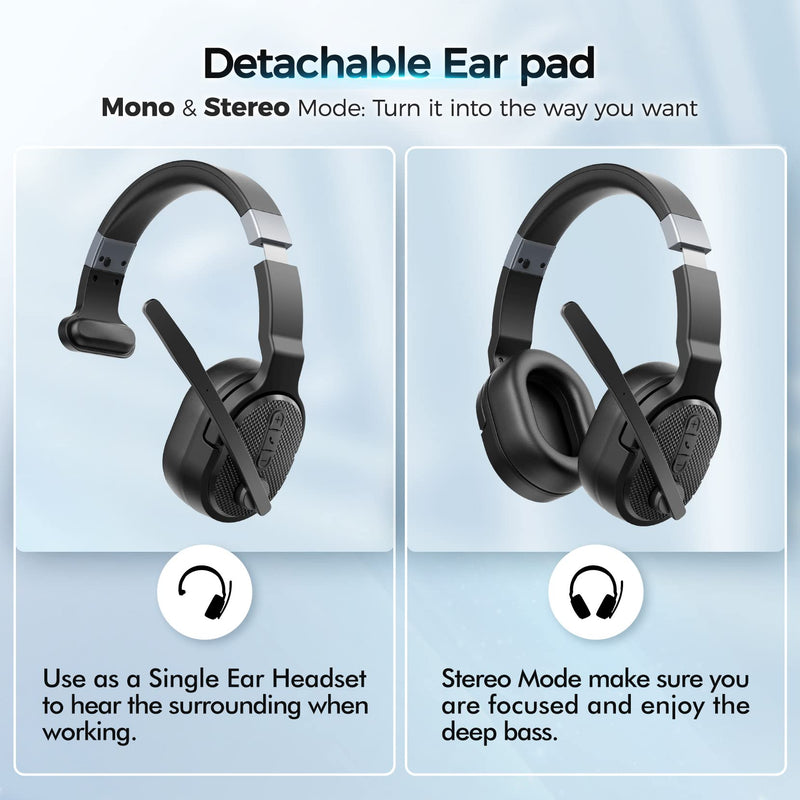 COSMUSIS Trucker Bluetooth Headset, Wireless Headset with Mic for Work | Trucker Headset with Noise Cancelling Headphones, Long Battery Life Bluetooth Headphones with Detachable Earpad for Driving Black
