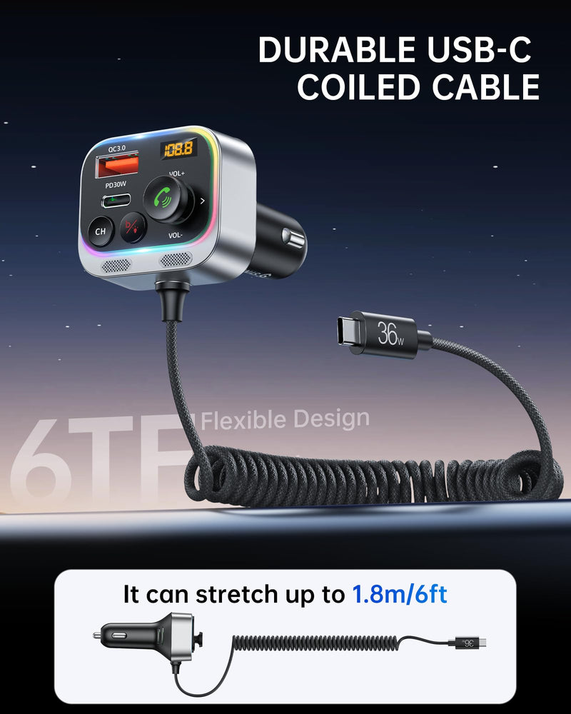 [AUSTRALIA] - Syncwire Bluetooth 5.4 FM Transmitter Car Adapter 66W PD & QC 3.0 Fast Charging with USB-C Cable Wireless Radio Adapter with Light Control, HiFi Bass, Hands-Free Calling and Strong Mics 