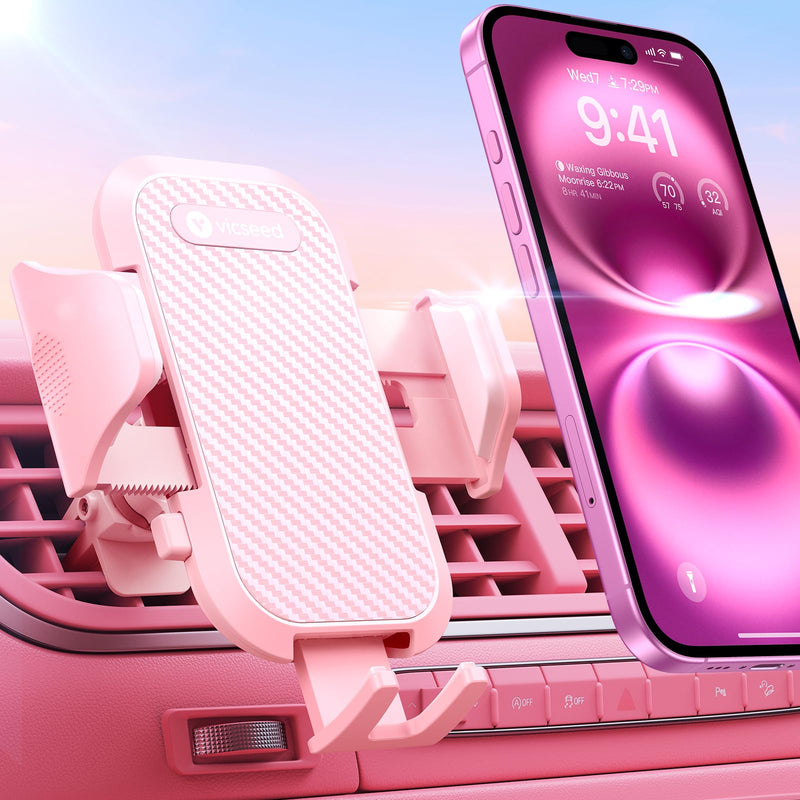 VICSEED Ultra Stable Pink Car Phone Holder Vent [Never Fall Off & Break] | Universal Vent Cell Phone Mount for Car Easy Clamp Automobile Cradle for iPhone 17 Pro Max 16 15 14 Car Accessories Women