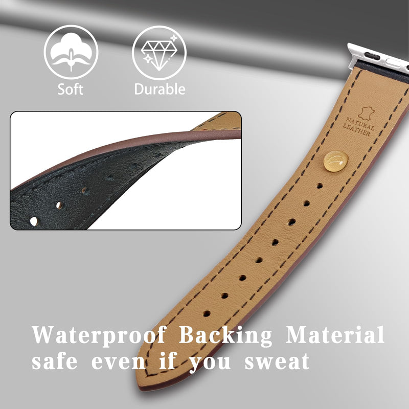 2 Pack Leather Bands(Blue,Black) Compatible with Apple Watch Band 40/38/41/42/44/45/46/49mm, Soft Leather Watch Replacement Band for Watch Series Ultra SE 10 9 8 7 6 5 4 3 2 1 for Women Men