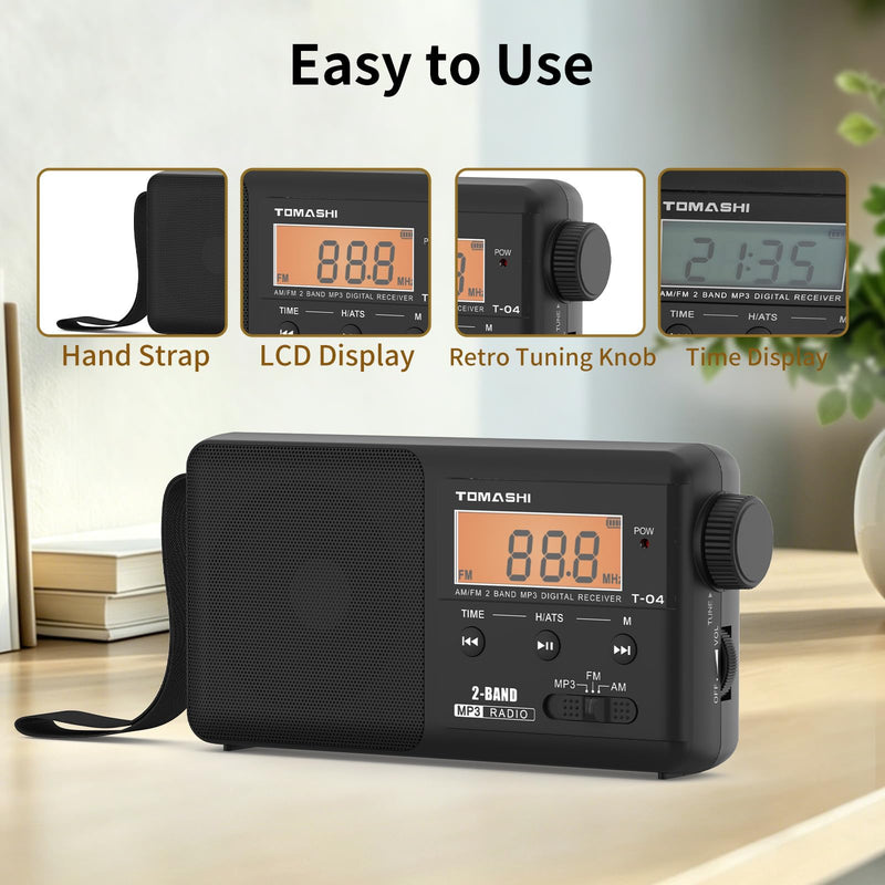 TOMASHI Portable AM FM Radio, USB-C Rechargeable Auto Scan Radio | Large tuning knob, clock display and Micro SD MP3 player. Speaker and headphone jack for home and outdoor use.