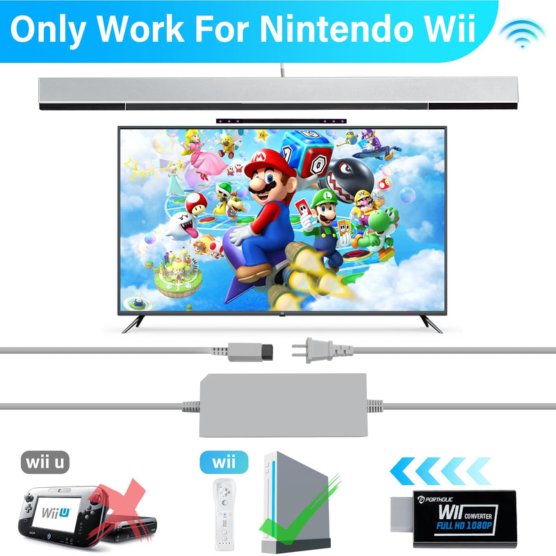 [AUSTRALIA] - PORTHOLIC 4 in 1 Wii Replacement Cables Set, Wii AC Power Adapter + Wii to hdmi Converter+ Wired Motion Sensor Bar and Composite Audio Video Cable for Nintendo Wii Black 