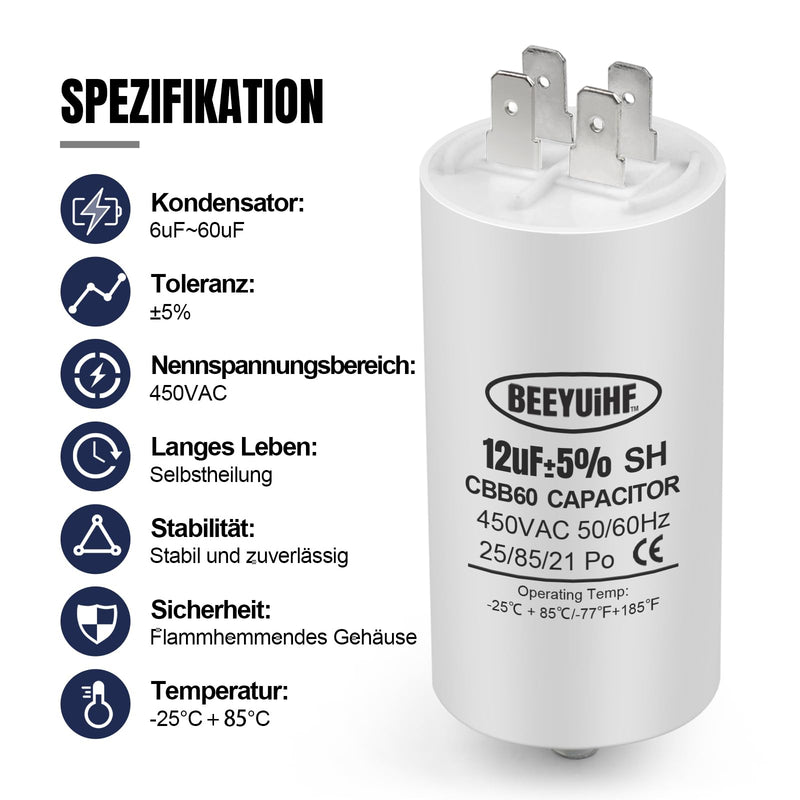 [AUSTRALIA] - BEEYUIHF CBB60 Motor Capacitor 12µF 450V Capacitor 50/60Hz Starting Capacitor 12UF Motor Running Capacitor Plug M8 for Electric Motor 40 x 72 mm 12μF / 12uF 