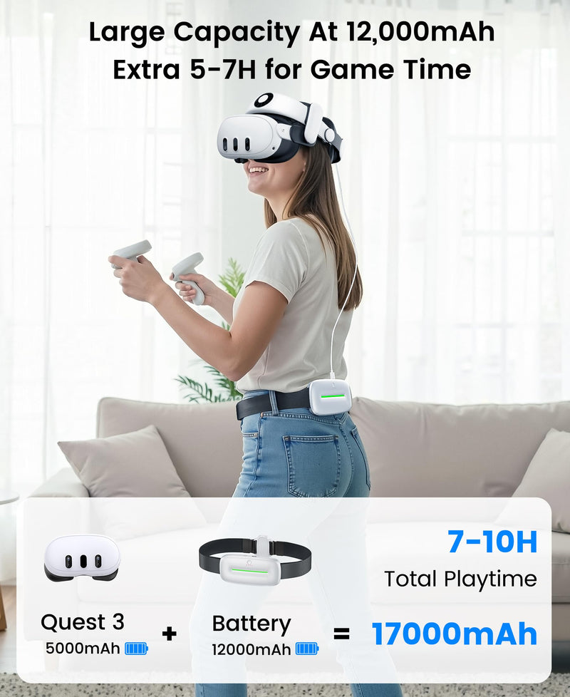 Battery Pack for Meta Quest 2/3/3S, 12000mAh Battery with Magnetic Adjustable Belt, 20W Fast Charging, Belt Battery for Extended 7H VR Gaming