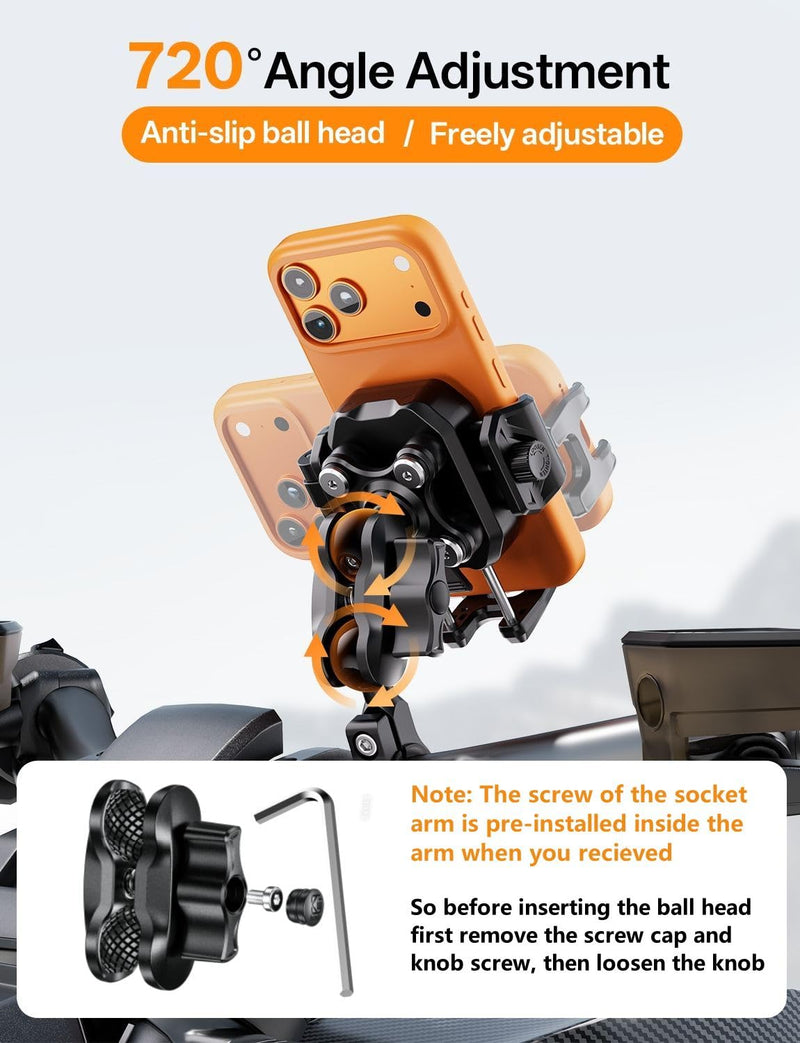 Kewig Anti-Theft Motorcycle Phone Mount with Vibration Dampener | Camera Friendly Bike Handlebar Phone Holder for Bicycle Scooter ATV, Adjustable Size Fit for 5.4-7.2" Cellphone M33-C1