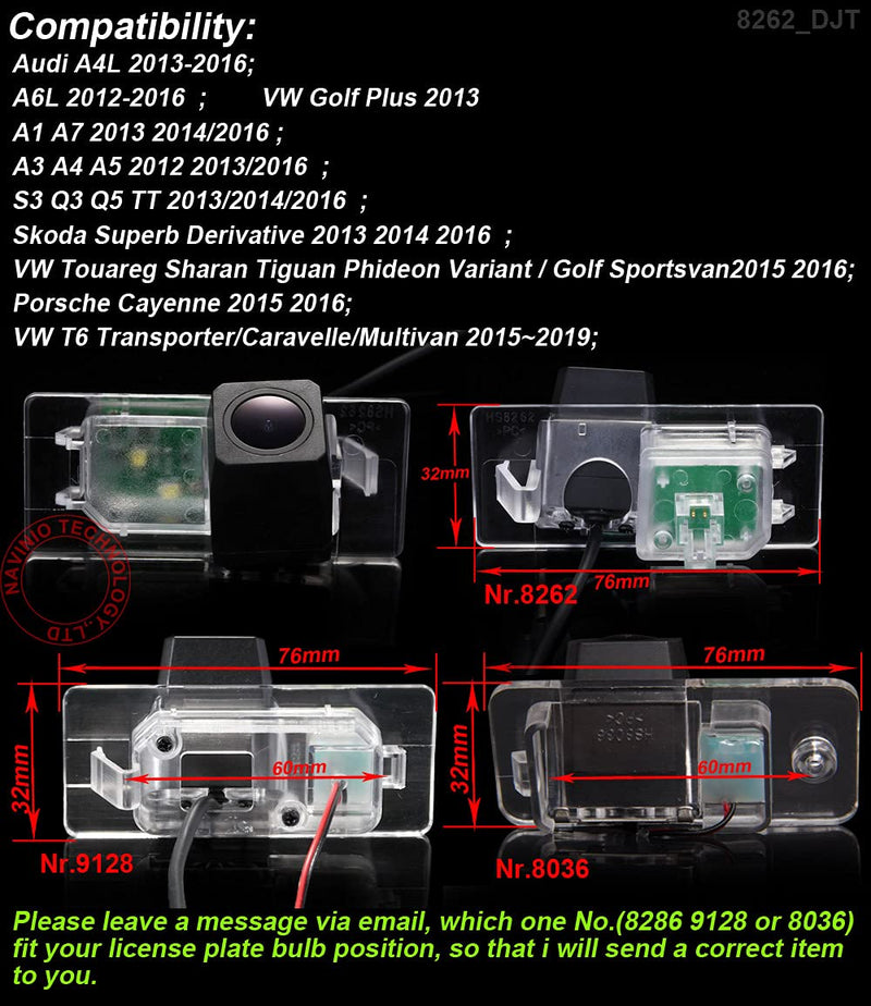 Car Rear View Back up Camera Parking Replacement for Audi A4L A6L A1 A7 A3 A4 A5 S3 Q3 Q5 TT Skoda Superb VW Golf VI 6 Golf Plus Jetta Passat Sharan Touran Touareg Tiguan Phideon Cayenne Passat B8 Model 2=NV8262DJT