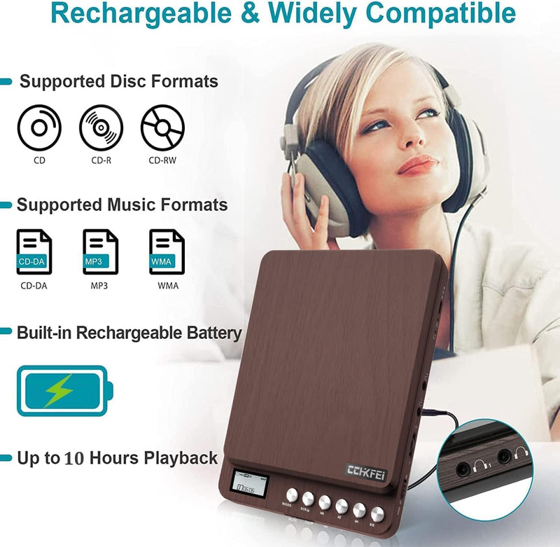 Portable CD Player with Built-in Speakers 2000mAh Rechargeable Walkman CD Player Portable Double 3.5mm Stereo Headphones Jack, Anti-Skip Compact Discman Music Player for Kids Car CD Player 606 Brown